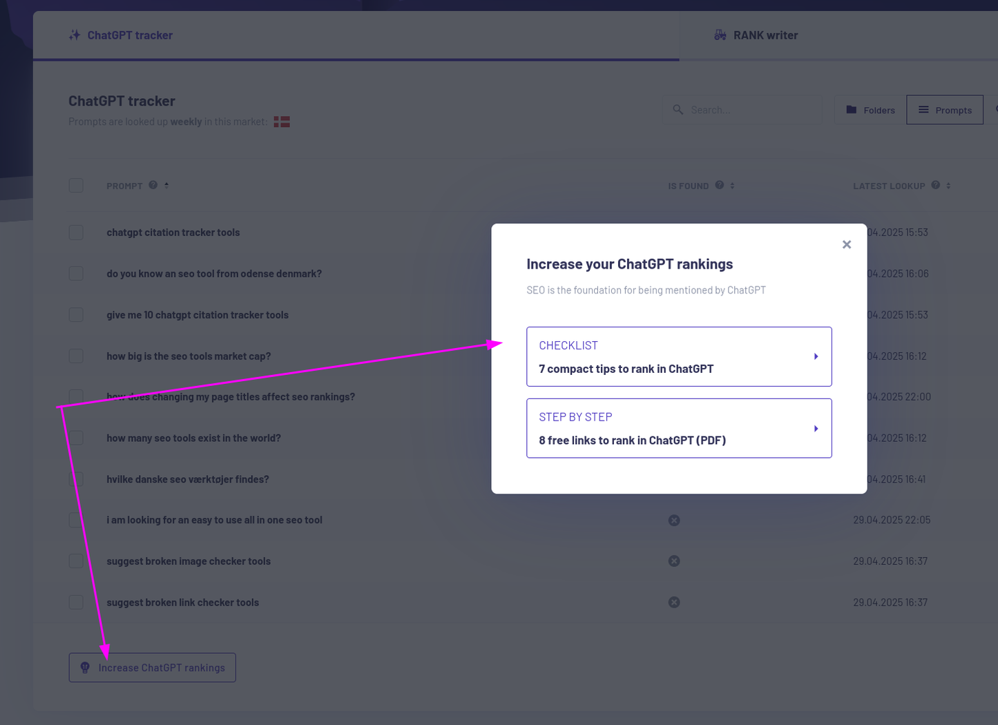 Screenshot of ChatGPT tracker interface showing a pop-up to increase ChatGPT rankings.