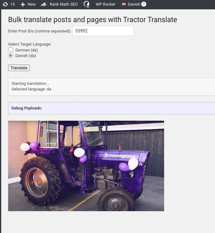 Purple Morningscore tractor decorated with white and purple balloons