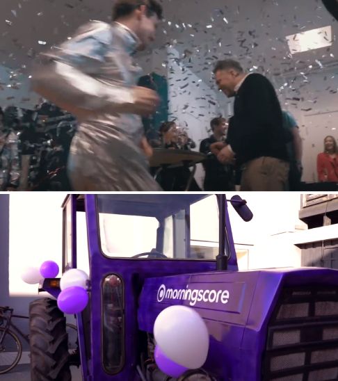 Two men at a confetti celebration and a purple tractor with Morningscore branding and balloons.